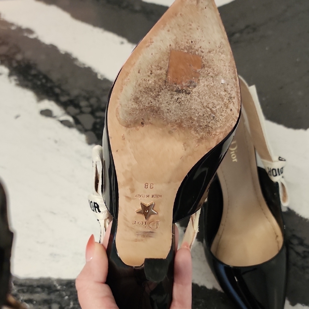 Dior Black Patent Slingback Pumps with White J'Adior Straps - Picture 3 of 5